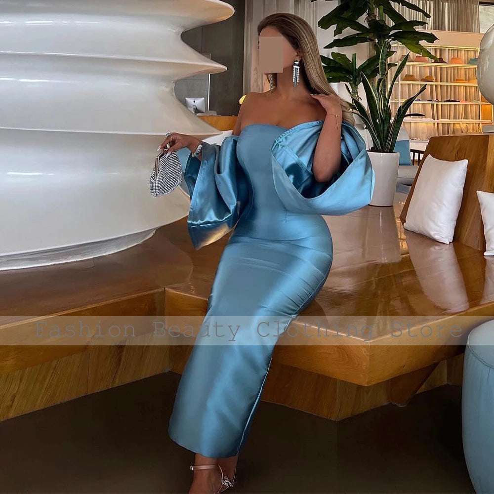 Elmwood Park Sky Blue Satin Evening Party Off the Shoulder Column Cocktail Gowns Dresses Maxi