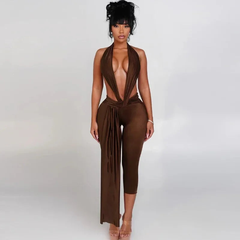 Cornie Lace-up One Piece Outfit Night Out Party Halter Backless Deep V-neck Jumpsuits
