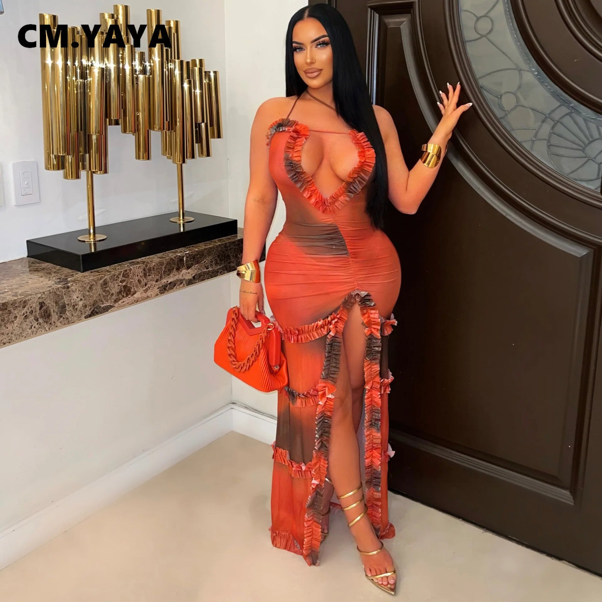 V-neck Strap Tie-dye Print Streetwear Beach Evening Sexy Night Party Split Maxi Dress