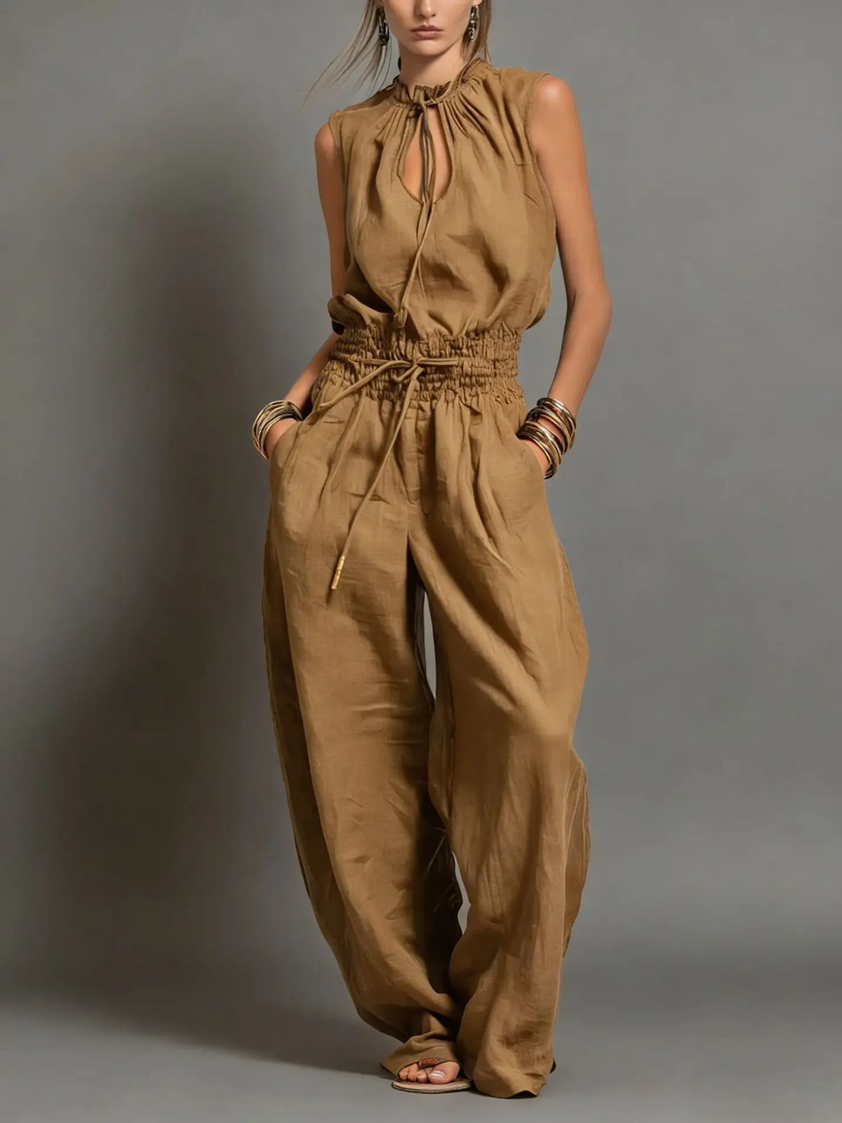 Summer Jumpsuits for Woman Wide Leg Sleeveless Lace Up Jumpsuit High