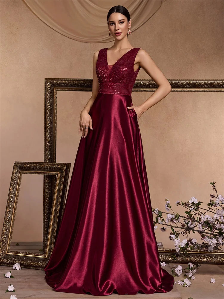 Oklahoma Elegant Sequins Evening Deep V-neck Satin Prom Party Dress