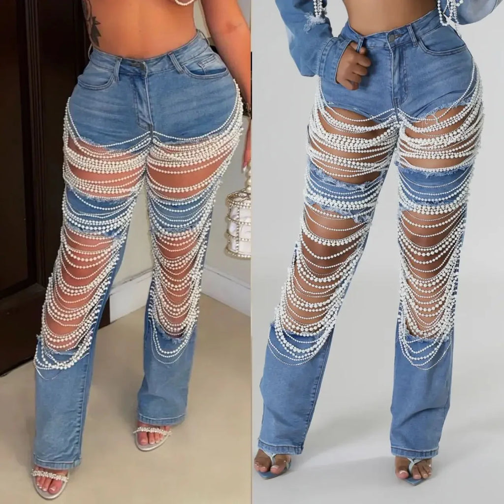 Manalapan Shiny Jeans Pearls High Waist Elegant Hollow Out Beading Denim