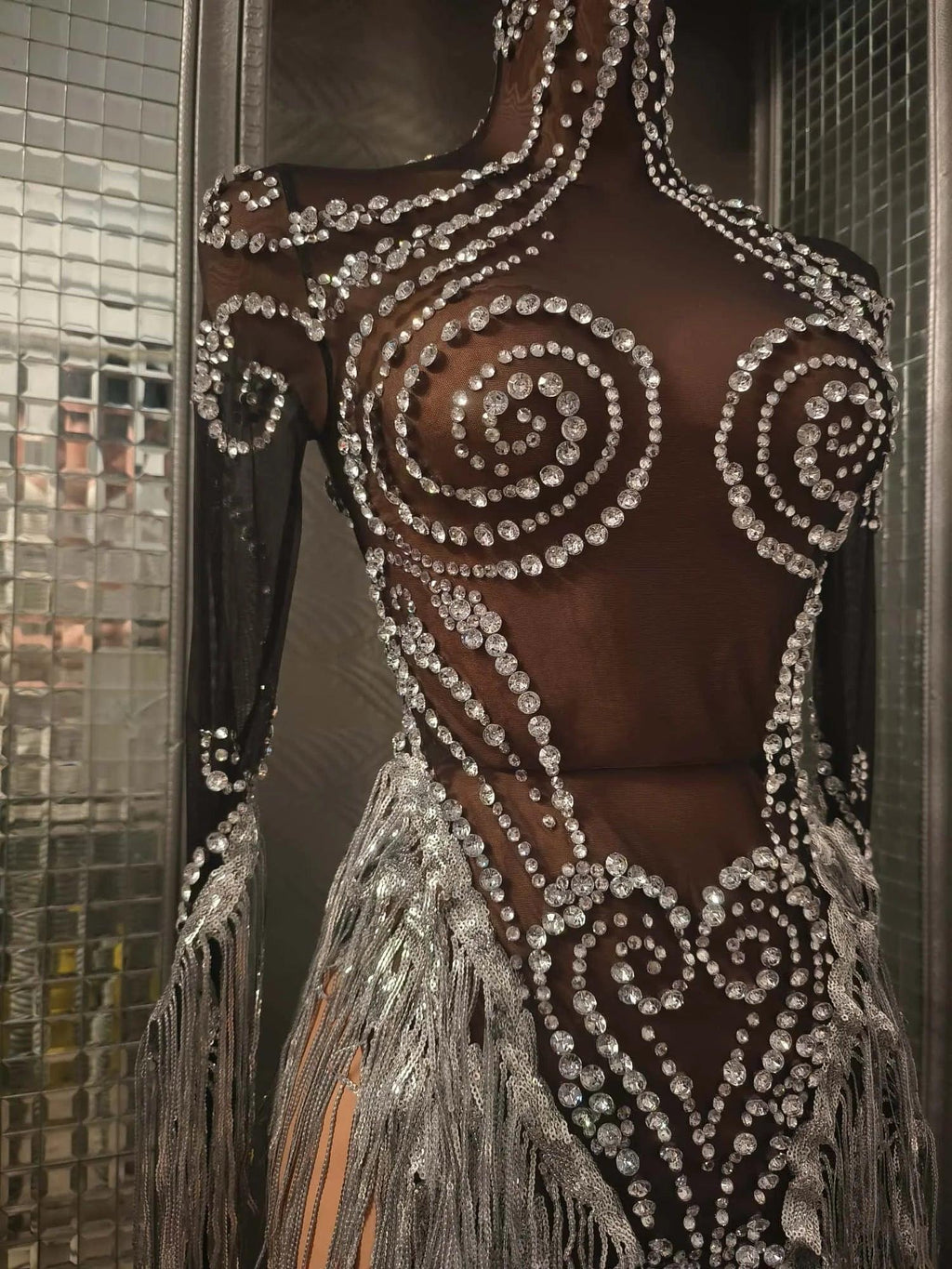 Carbondale Sparkly Rhinestone Tassel See Through Mesh Mini Dress
