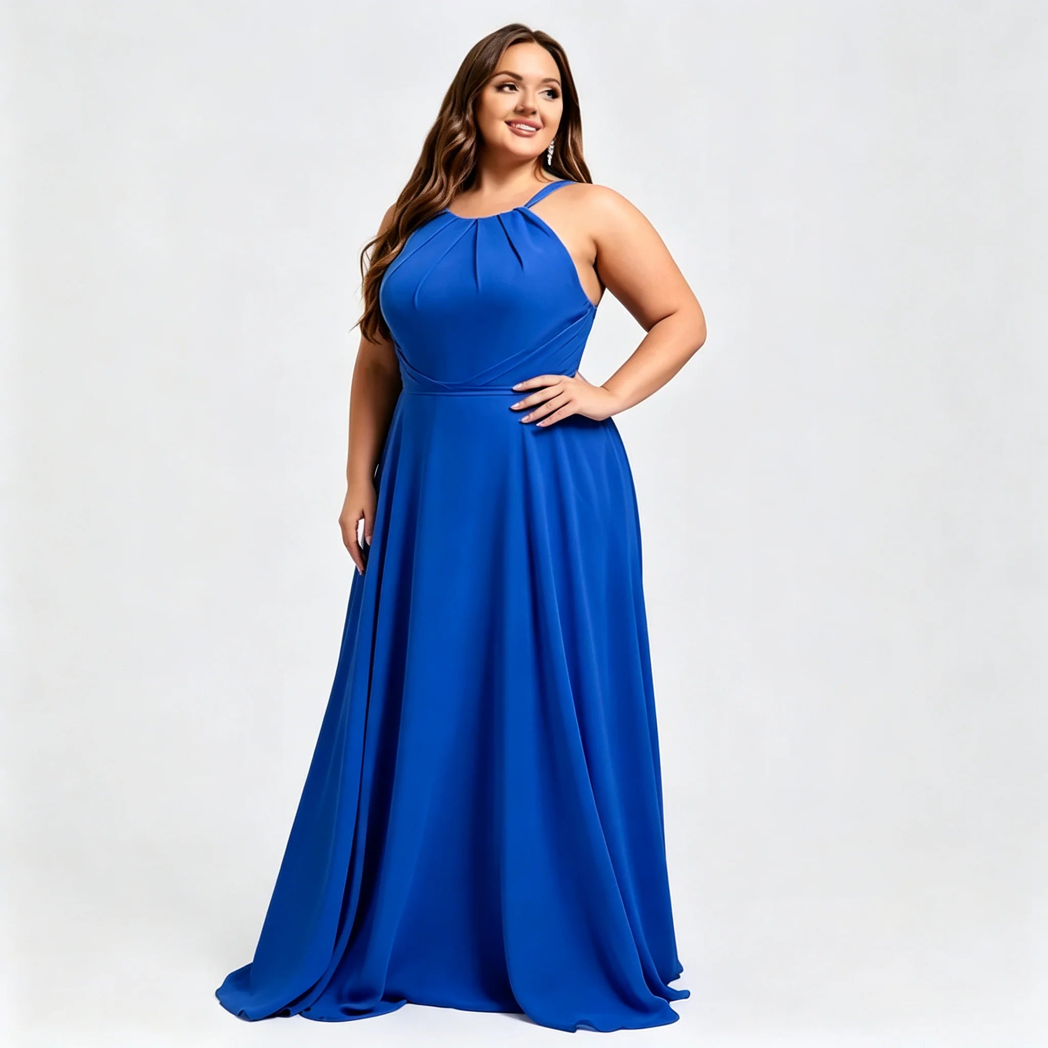 Los Mina Plus Size Halter Chiffon Bridesmaid Spaghetti Straps A Line Maxi Dress
