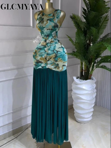 Printed Ruched Stacked Sleeveless Long Maxi Dress