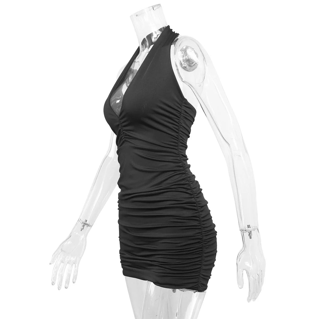 Colonia Deep V Evening Party Sleeveless Backlss Short White Halter Dresses