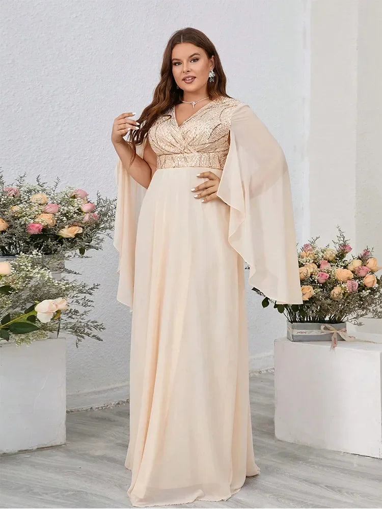 Athena Plus Size V Neck  Sequin Loose Long Ruffled Chiffon Maxi Dress