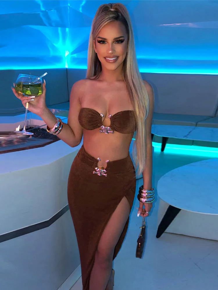 Nahomi Velvet Sexy Strapless High Waist Slit Two Piece Sets
