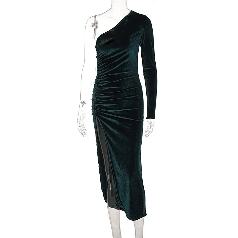 Westerleigh Elegant Long Sleeve Party Evening Velvet Bodycon Split Pencil Midi Dress