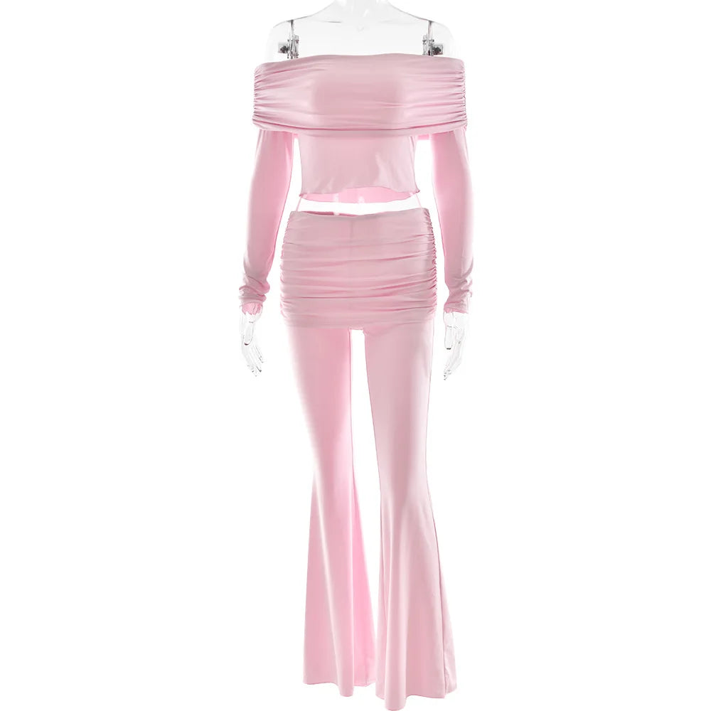 Paola Off Shoulder Solid Slim Casual Outfit Two Piece Sets