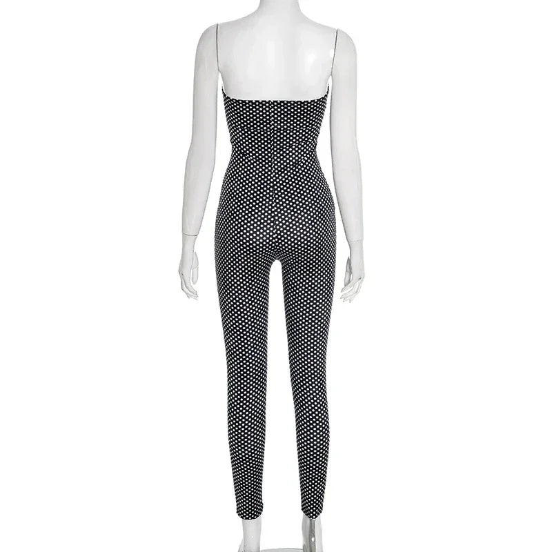 Cobble hill Polka Dot Print Strapless Skinny Midnight Tight Stretch Workout Activity Jumpsuit
