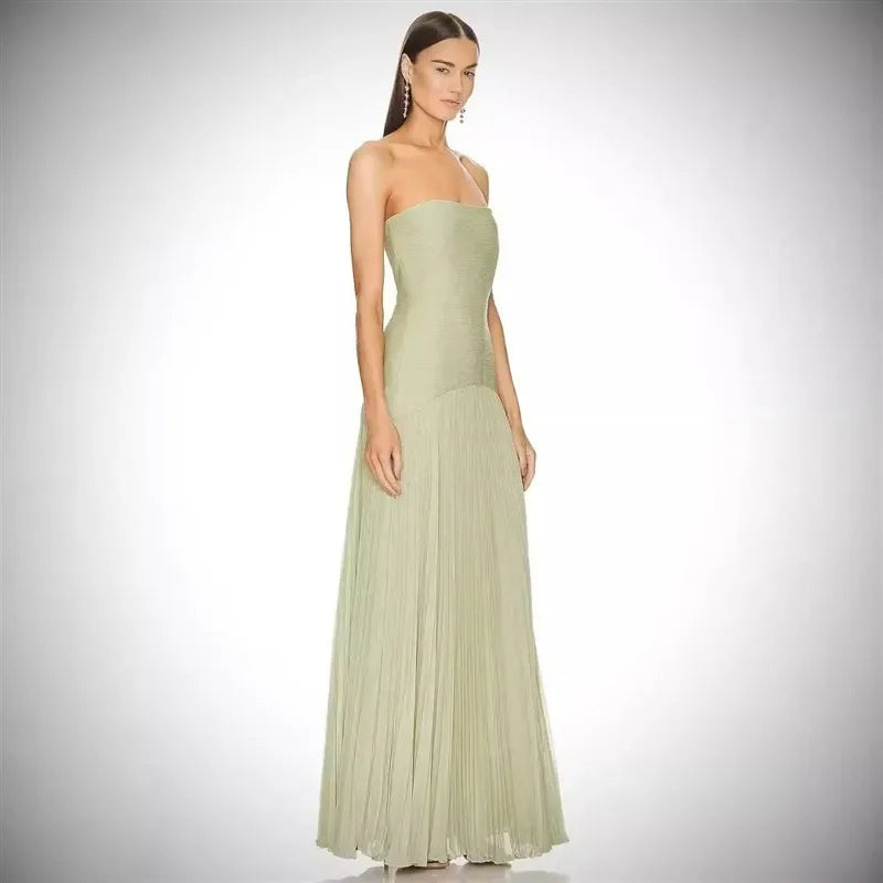 Bolair Strapl Pleated Dr Ribbed Fabric Long Elastic Waist Gored Dress