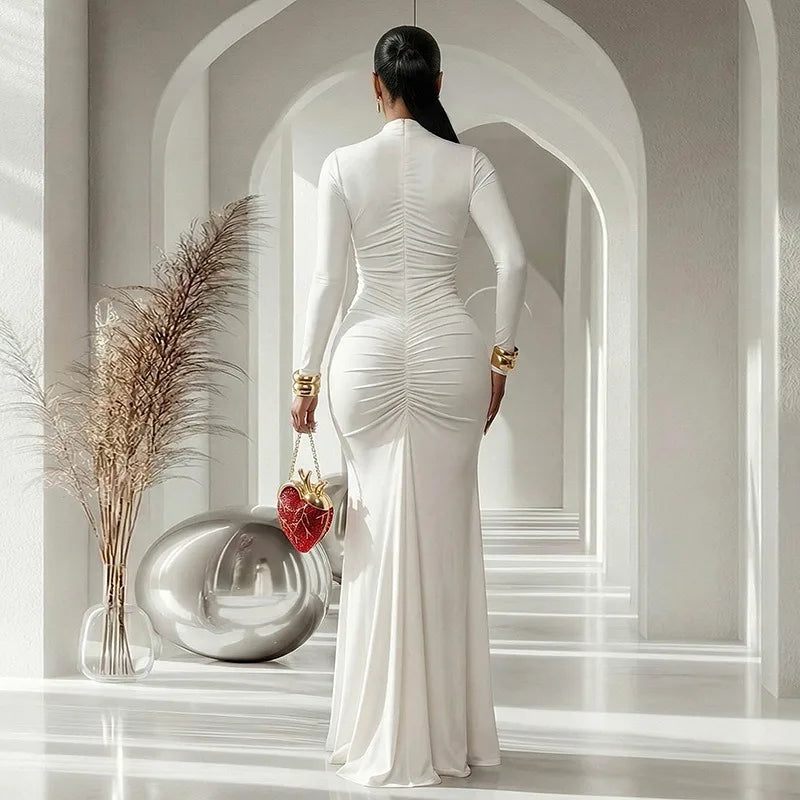 Bedford Turtleneck Hollow Out Chest Wrapped Long Sleeve Pleated Bodycon Long Dress