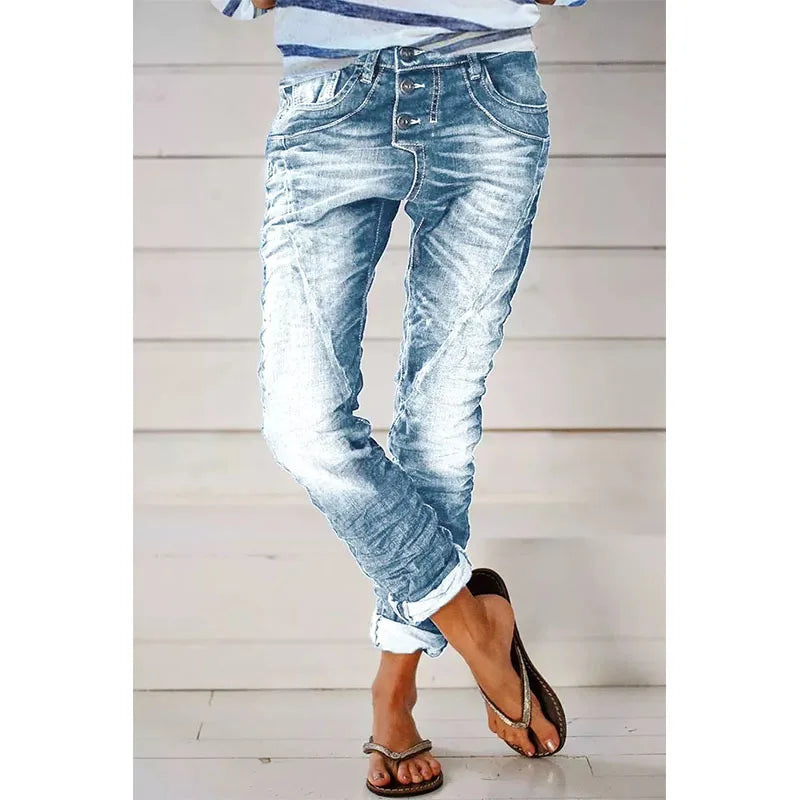 Jeans for Women Drawstring Elastic-waisted Jeans Casual Button Baggy Jeans