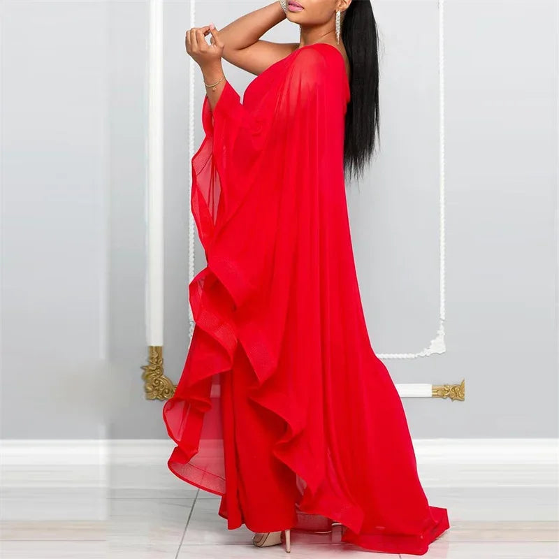 Oldwick Elegant Chiffon One Shoulder Wide Leg Jumpsuit