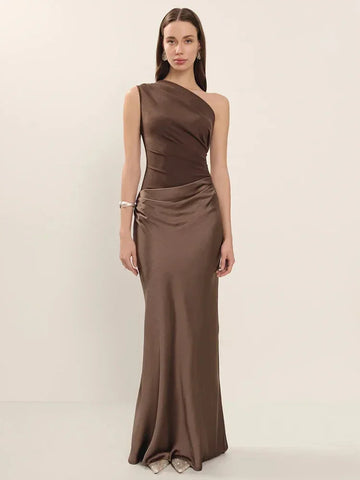 Roselle Satin Inclined Shoulder Sexy Fashion Patchwork Backless Bodycon Maxi Dress