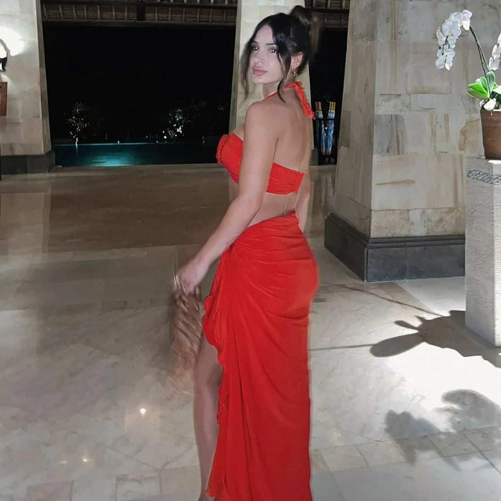 Ogdensburg Strapless Tie Flower Draped Sexy Crop Tank Slit Tassel Set