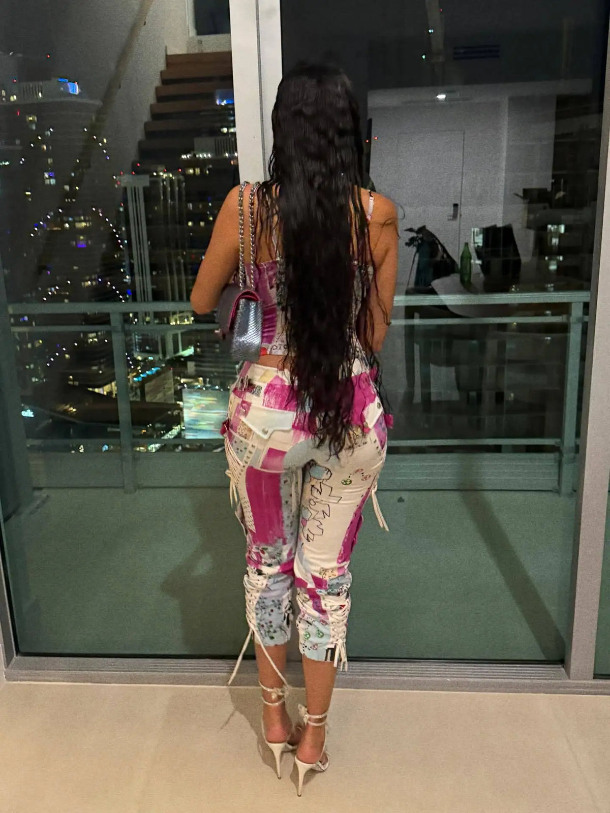 Paris Graffiti Newspaper Print 2 Piece Outfits Lace Trim Spaghetti Strap Outfit