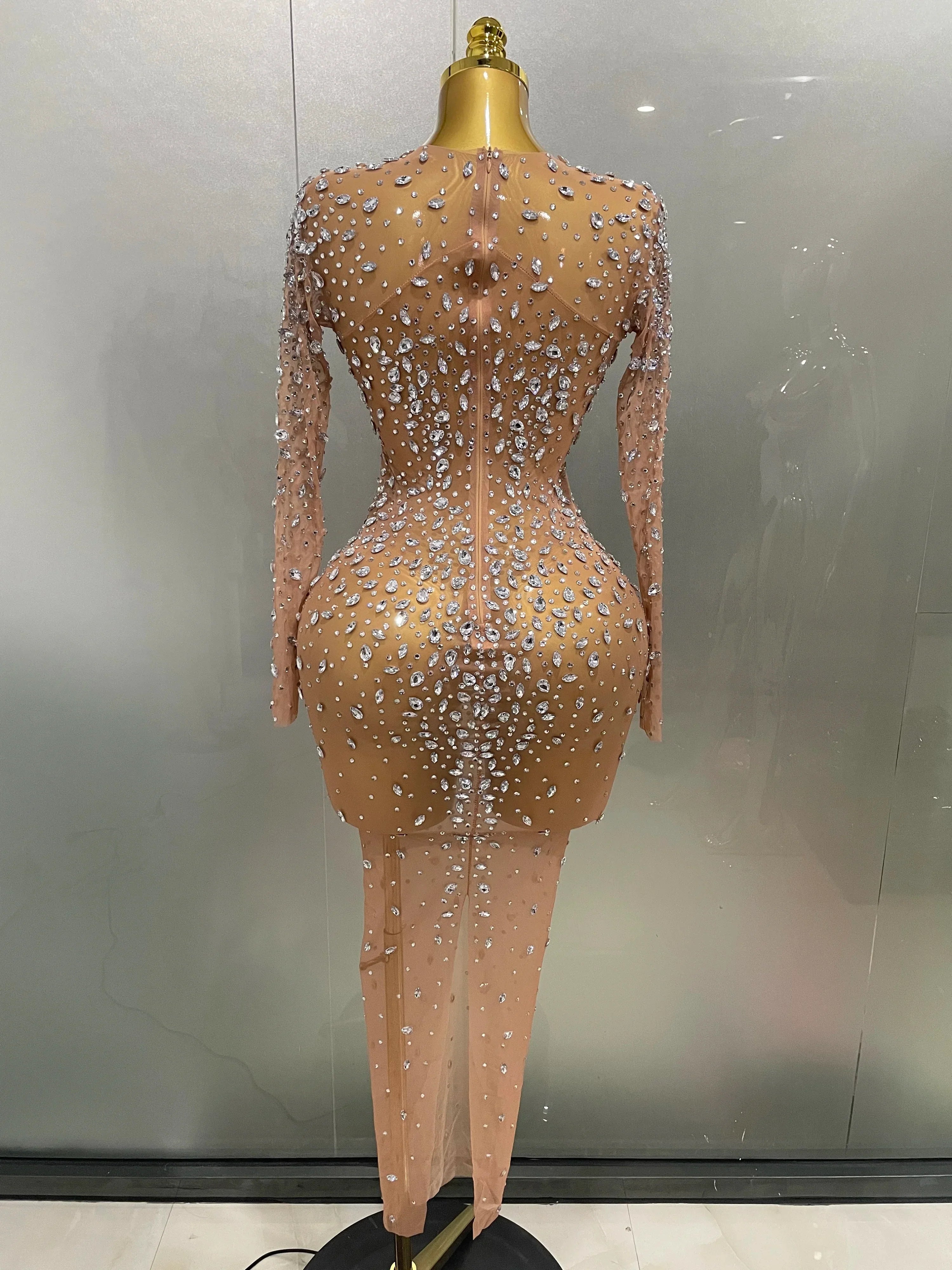 Cumberland Shinny Rhinestone Stretch Mesh Transparent Long Dress