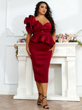 Missoury Red Knitted Midi Plus Size Elegant One Shoulder Sleeveless Ruffles Bodycon Dress