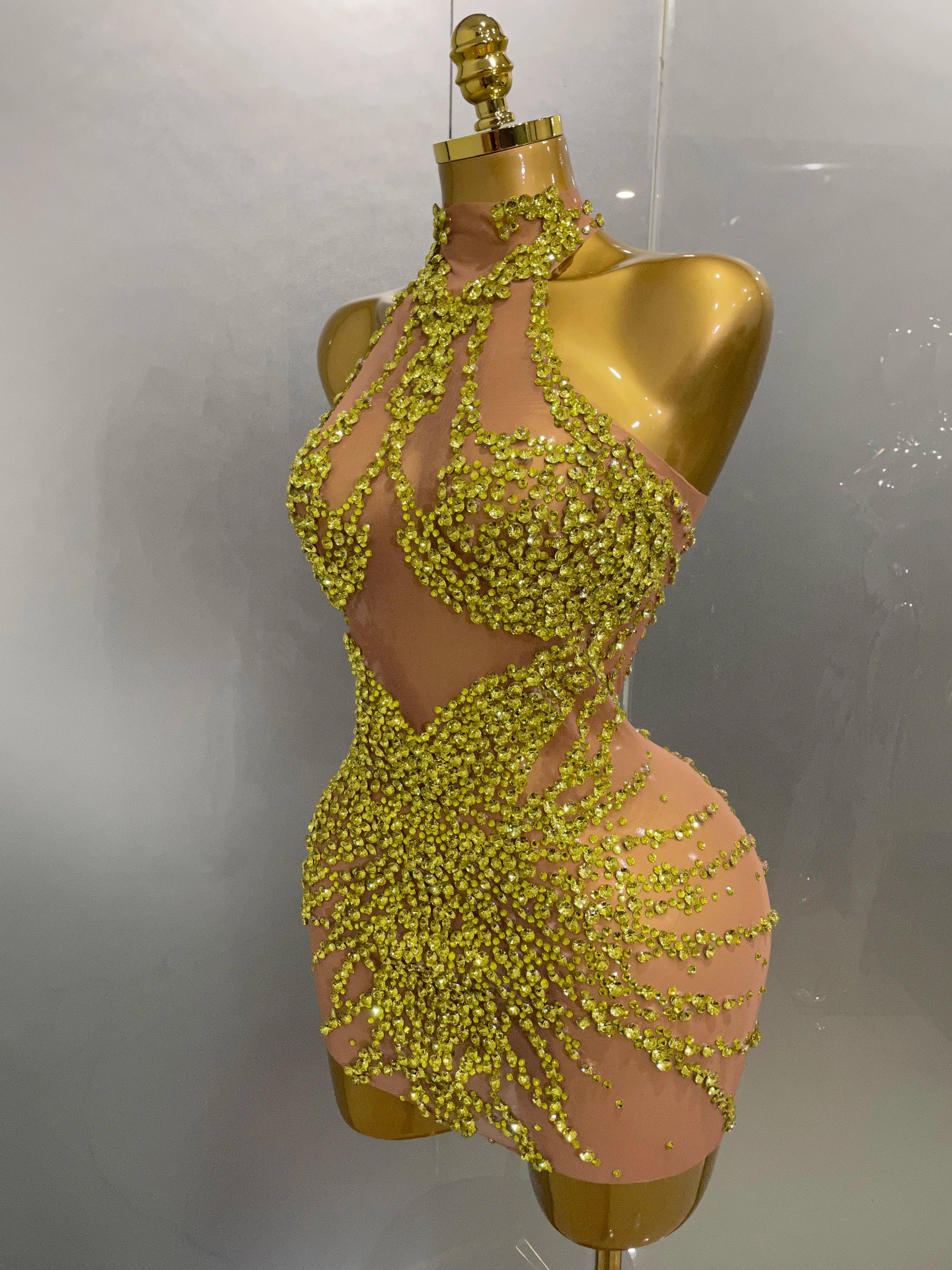 Elmira Rhinestones Sexy Mesh See Through Dress Party Evening Dress