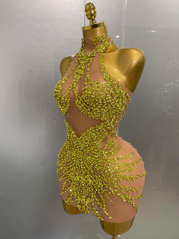 Elmira Rhinestones Sexy Mesh See Through Dress Party Evening Dress