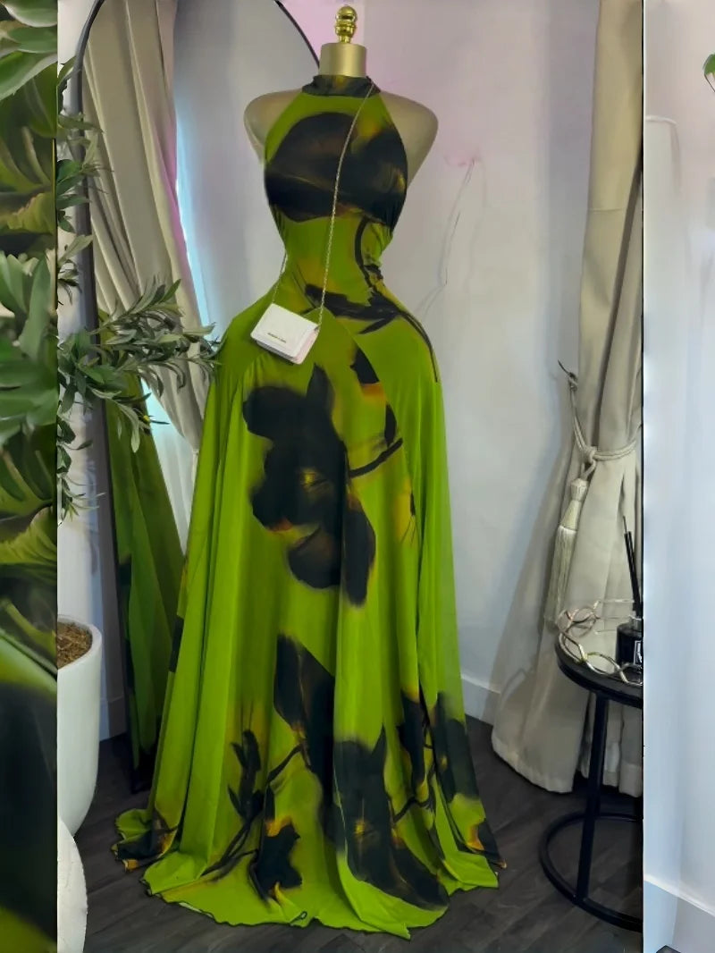 O Neck Sleeveless Floral Print Mermaid Evening Birthday Beach Sexy Maxi Dress