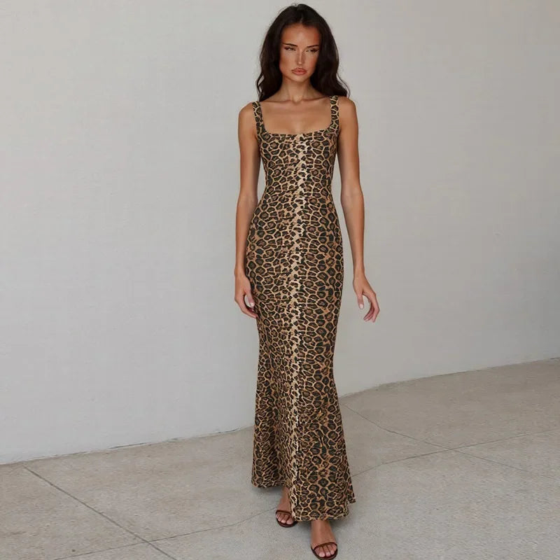 Bath Beach Elegant Square Collar Sleeveless Bodycon Split Leopard Print Long Party Dress