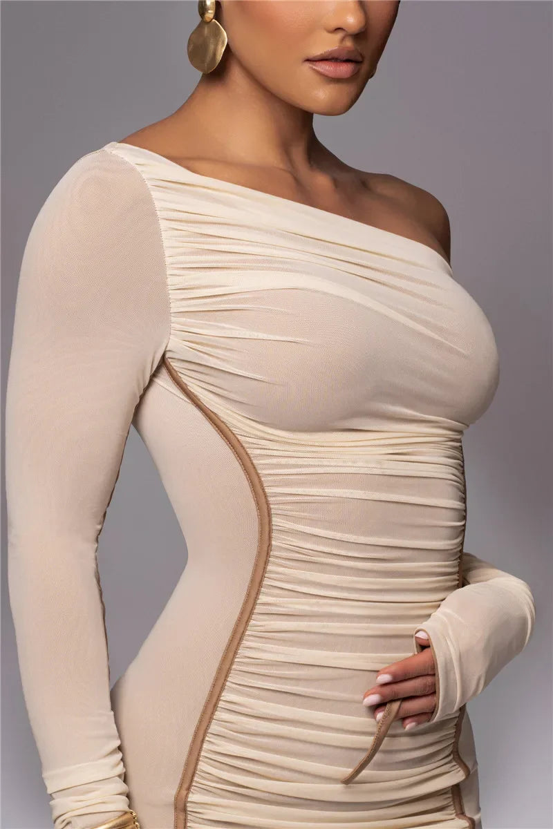 Dyker Heights Diagonal Collar Long Sleeve Mesh Backless Ruched Bodycon Midi Dress