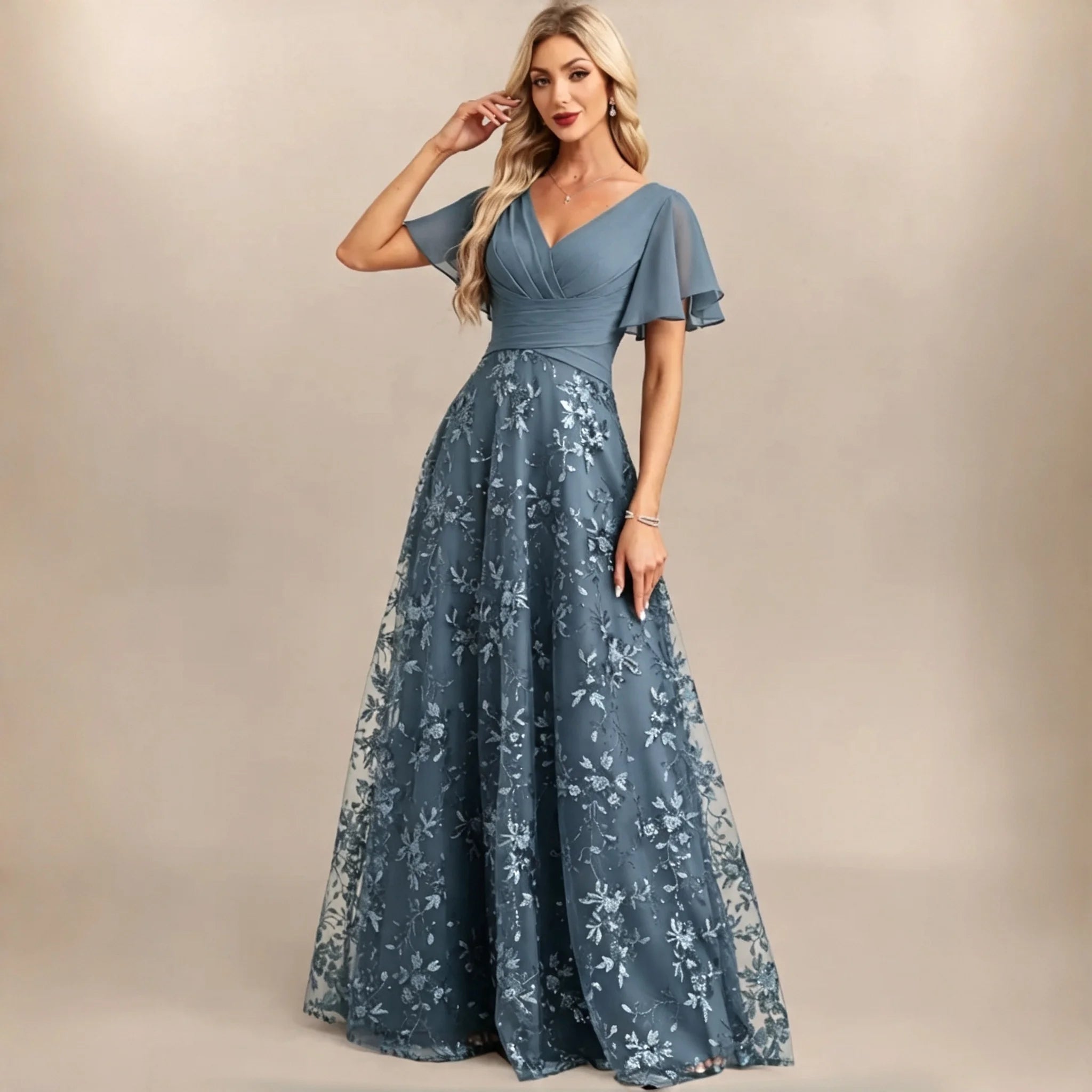Neiba Dark Green V Neck Chiffon Flutter Sleeve Bridesmaid Ruched Waist Floral Sequin Dress
