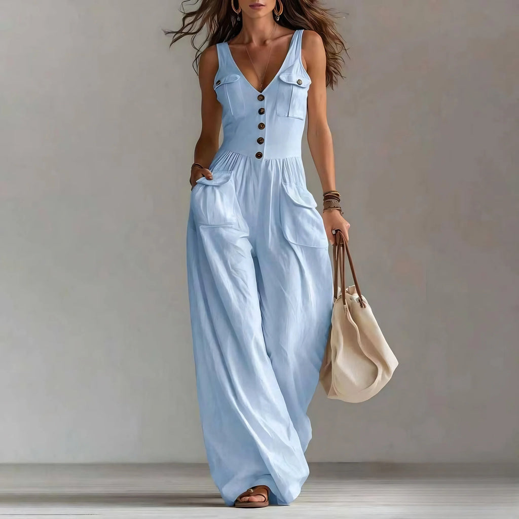 Women's Jumpsuit Featuring V-Neck, Button Decor, Wide-Leg Design and Pockets