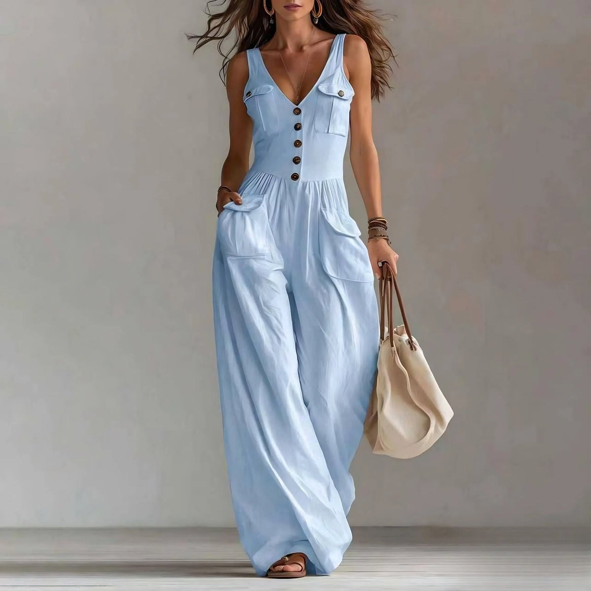 Women's Jumpsuit Featuring V-Neck, Button Decor, Wide-Leg Design and Pockets
