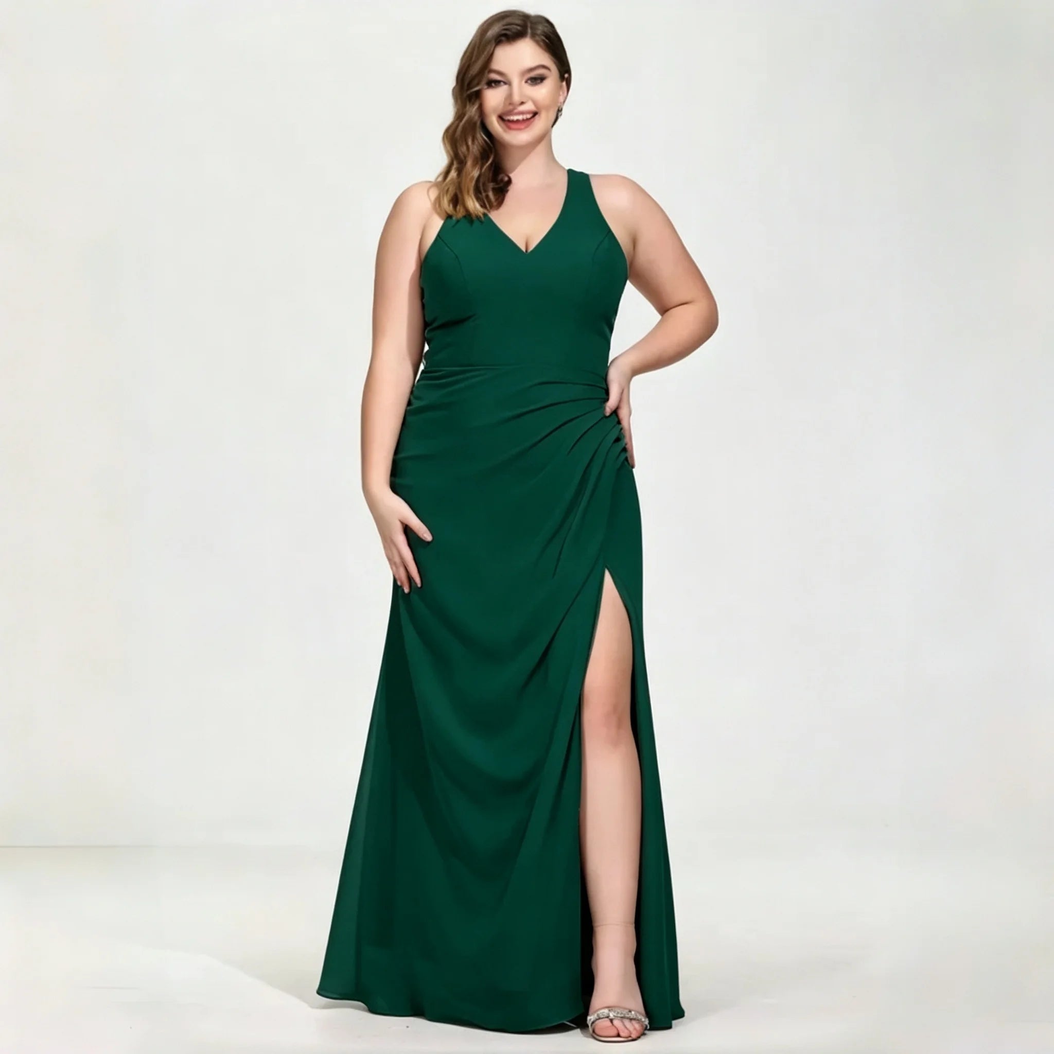 La Cuaba Dusty Pink Plus Size Chiffon Bridesmaid Sleeveless Deep V Neck Side Ruched Dress