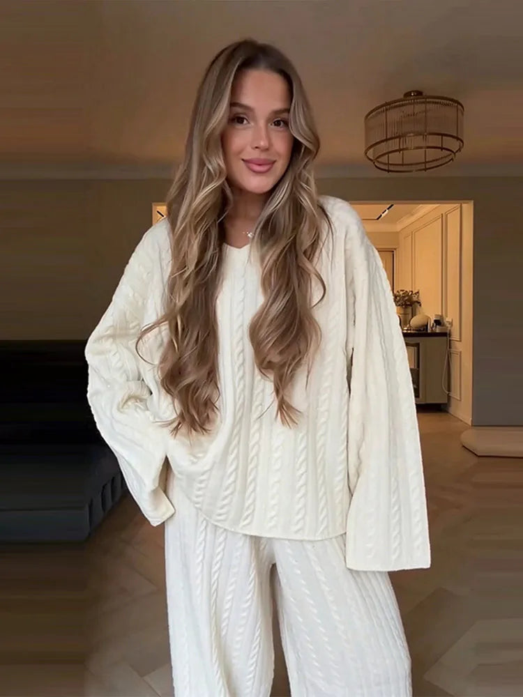 Pamela V Neck Cable Knit Wide Leg Two Piece Sets