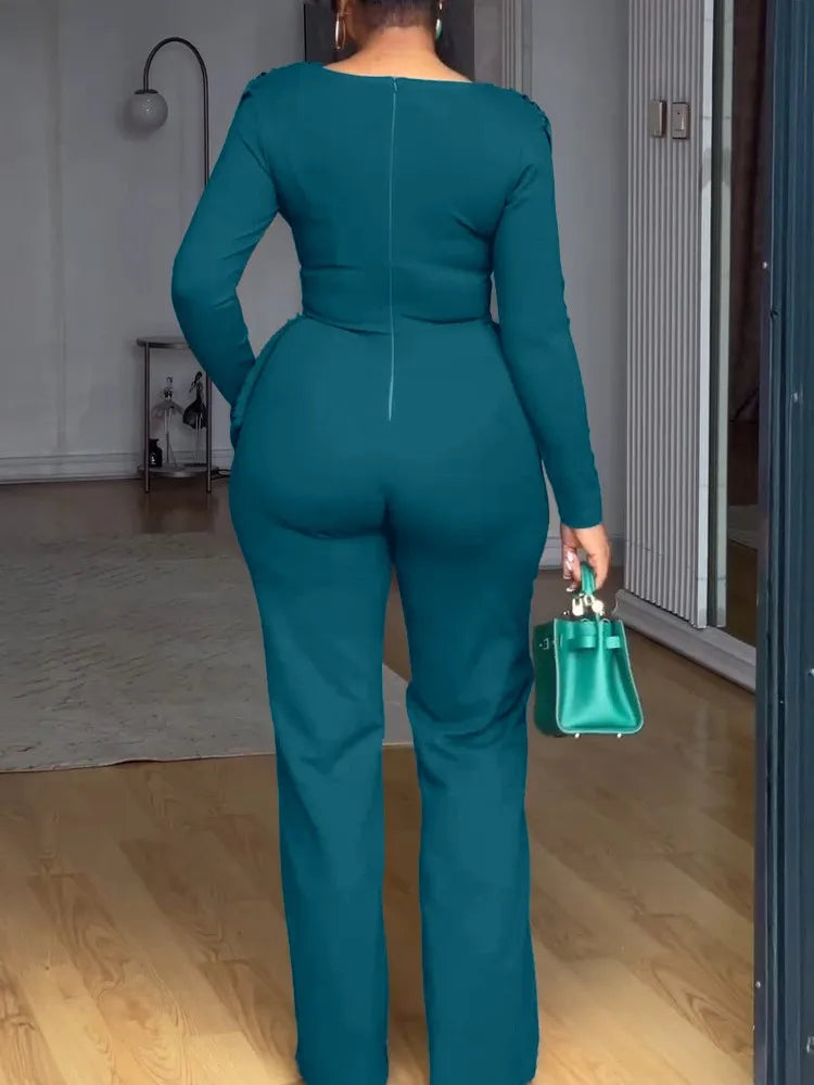 Birmingham Swing Collar Ruched Jumpsuit Long Sleeve Solid Elegant Color