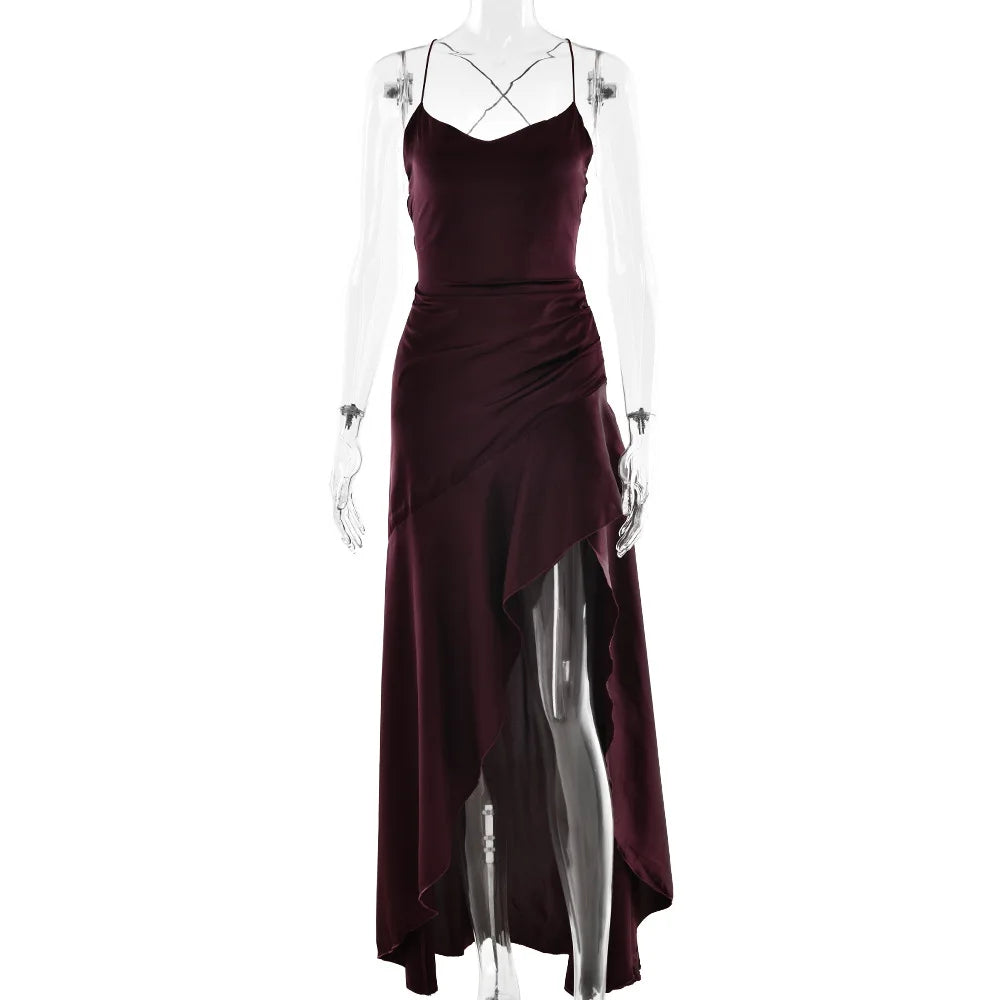 Stony Point Satin Long Dr with High Slit And Lace Trim Charming Dress