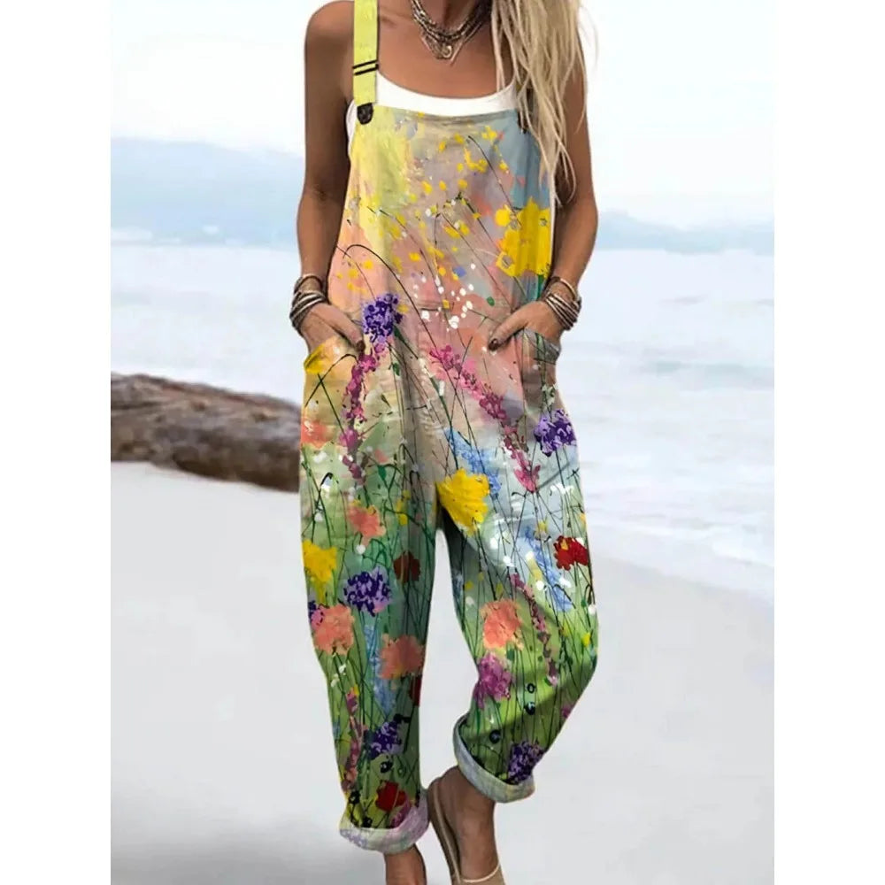 Summer Floral Romper Overalls Breathable & Comfortable Women's Jumpsuit with Pockets Adjustable Straps Romper for Streetwear