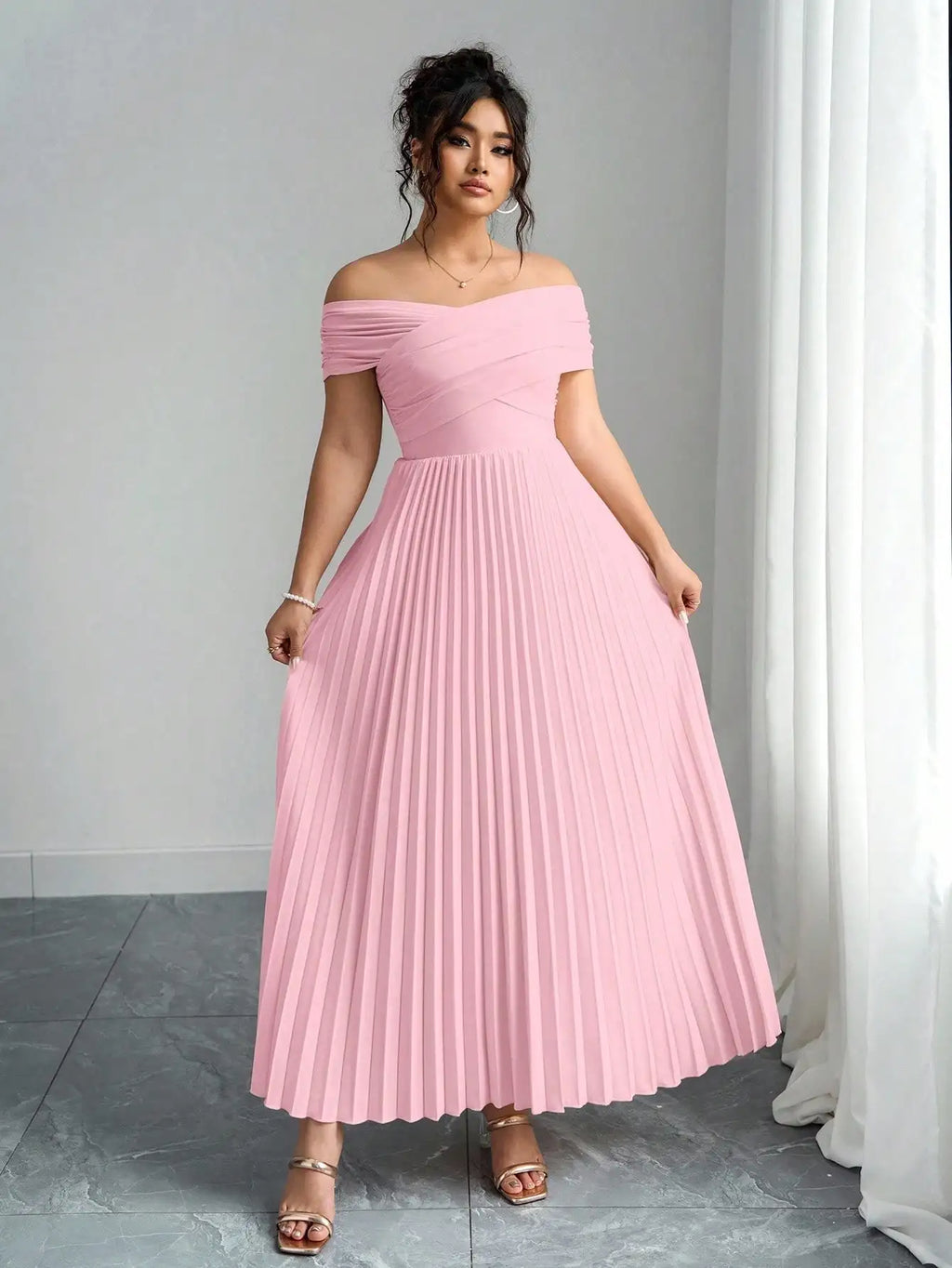 Candem Off Shoulder Pleated Soft Pink Crossover Neckline Maxi Dress