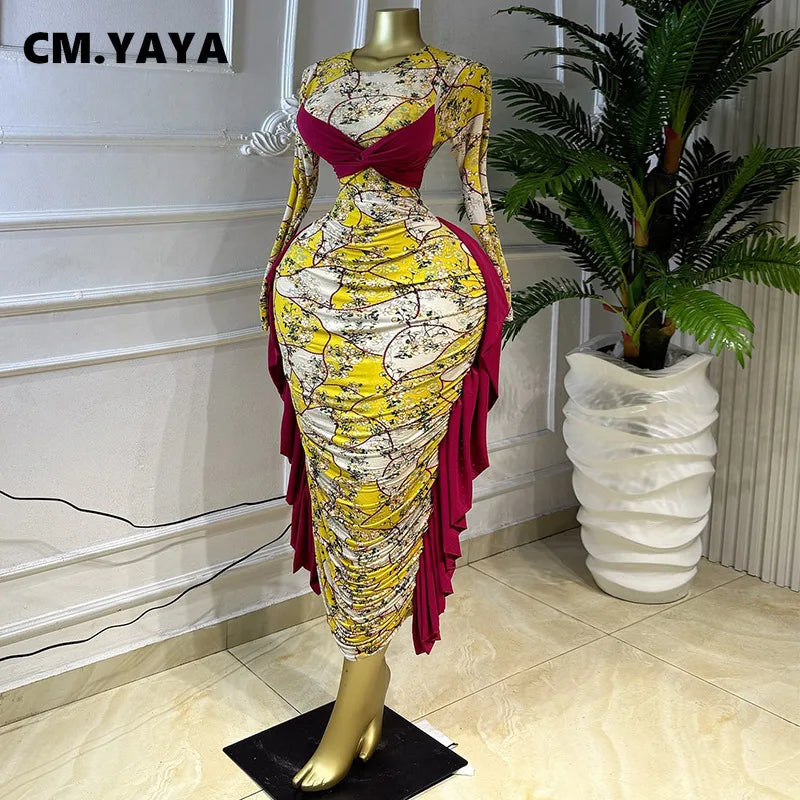 Kukutan O-neck Long Sleeve Floral Print Ruched Ruffles Long Maxi Dress