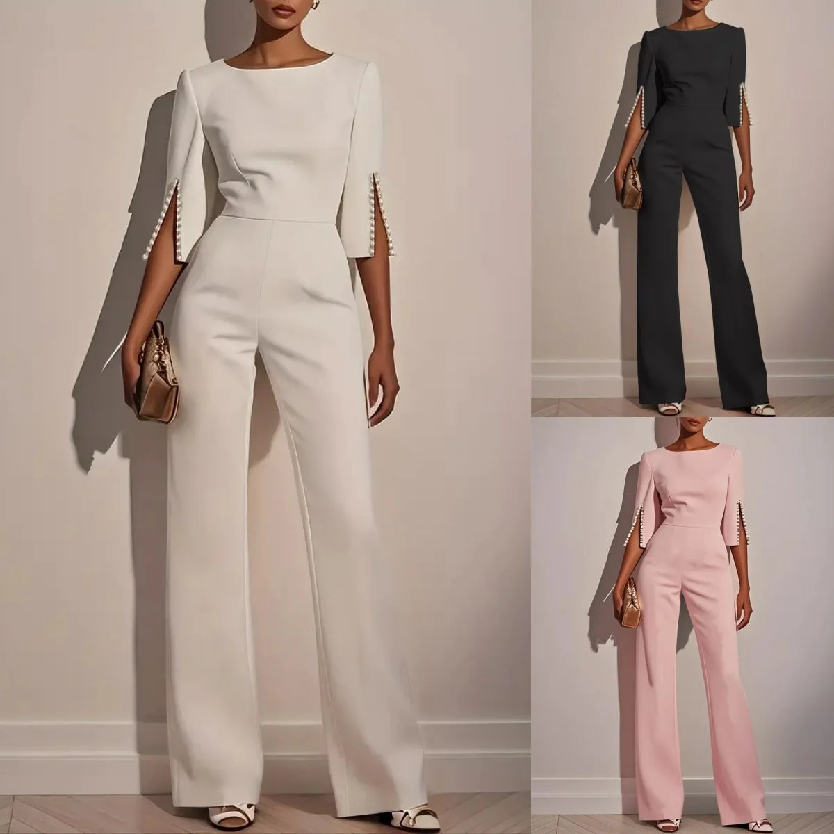 2025 Autumn New Solid Color Fashionable and Elegant Beaded Decorative Slim Jumpsuit for Women