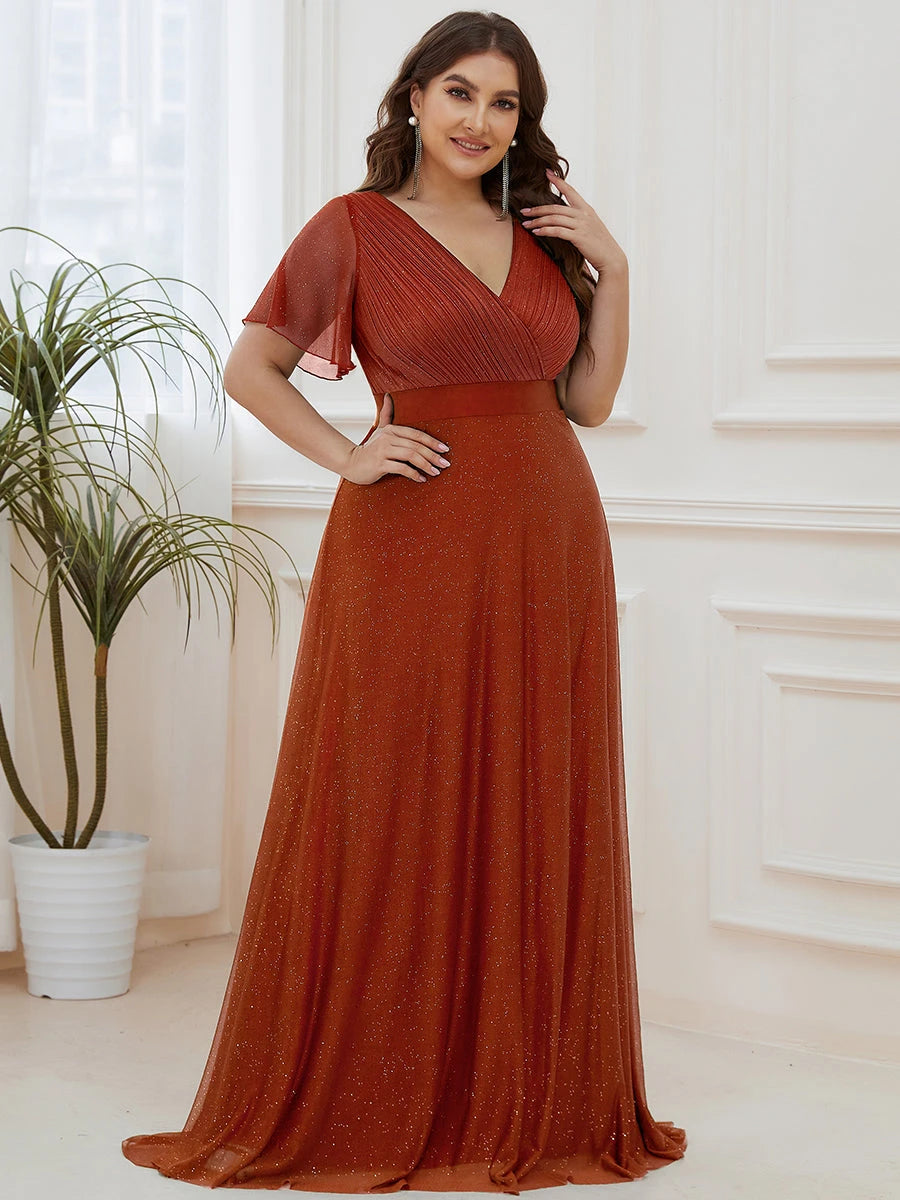 Gazcue Plus Size Chiffon Mother of the Bride Party Glitter V Neck A Line Dress