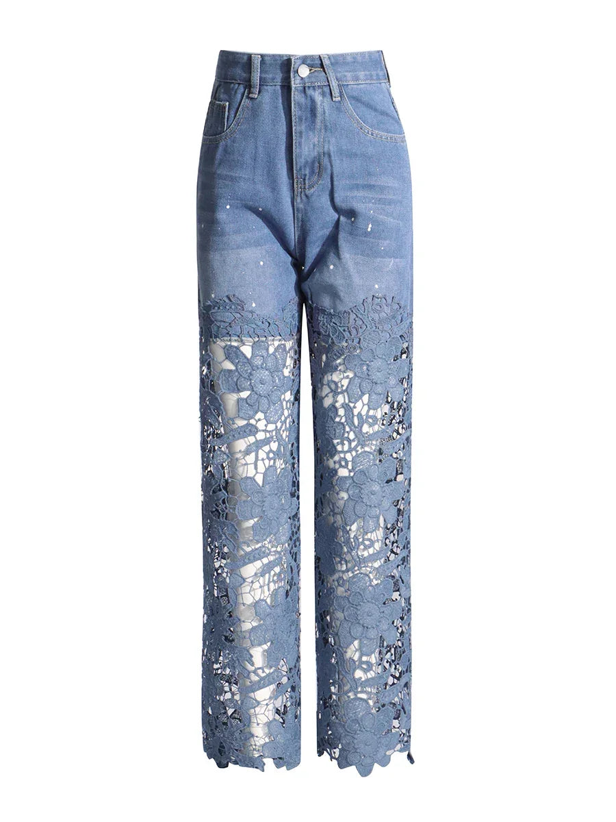 Old Bridge Solid Slimming Hollow Out Denim High Waist Spliced Button Jeans