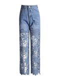 Old Bridge Solid Slimming Hollow Out Denim High Waist Spliced Button Jeans