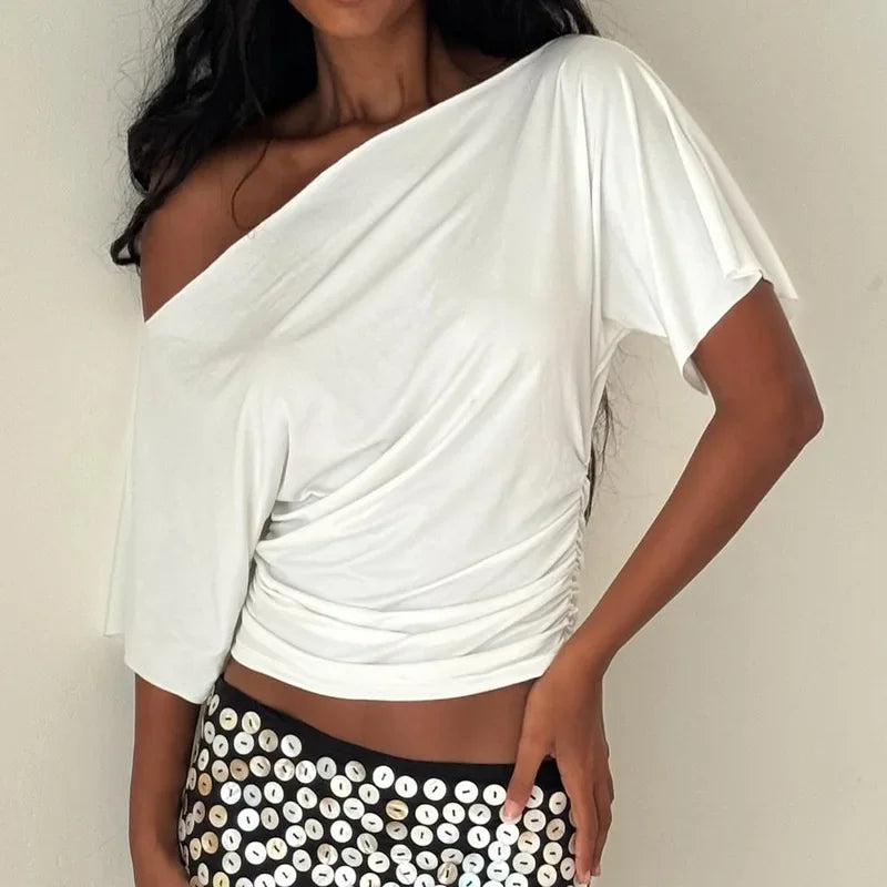 Weequahic One Shoulder Fashion Slim Shrink Sleeve Solid Pullover Tops