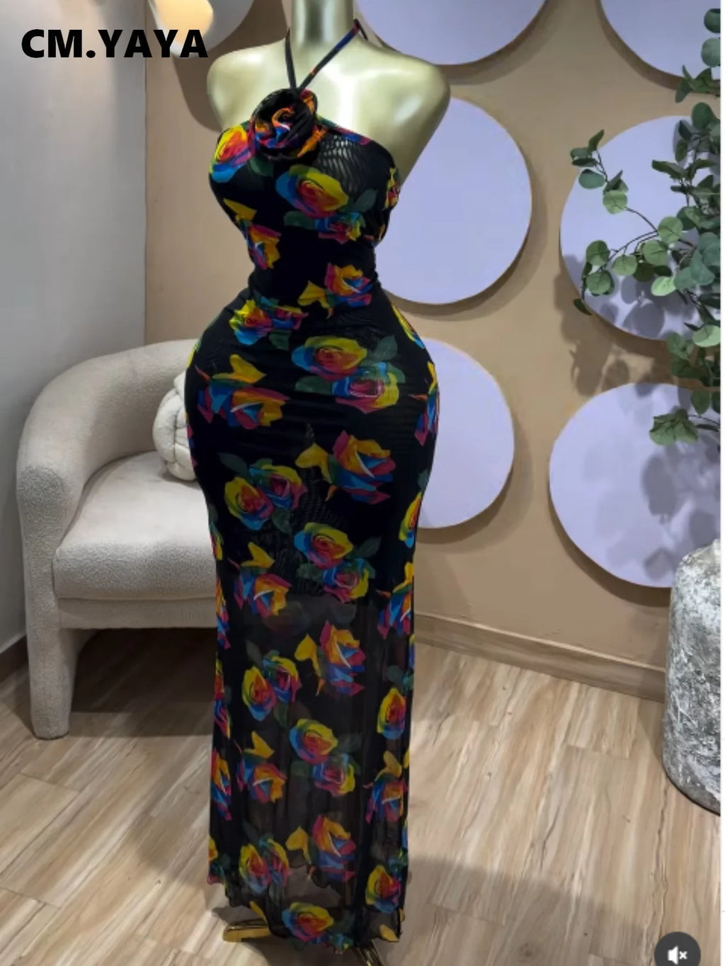 Zatori Elegant Floral Printed Halter Neck Sleeveless Maxi Dress