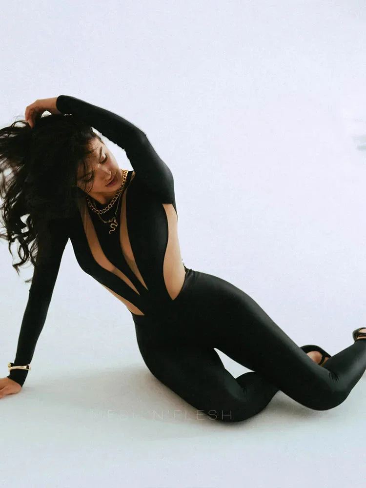 Auburn Hills Sexy Mesh Patchwork Jumpsuits Fashion O Neck Long Sleeve