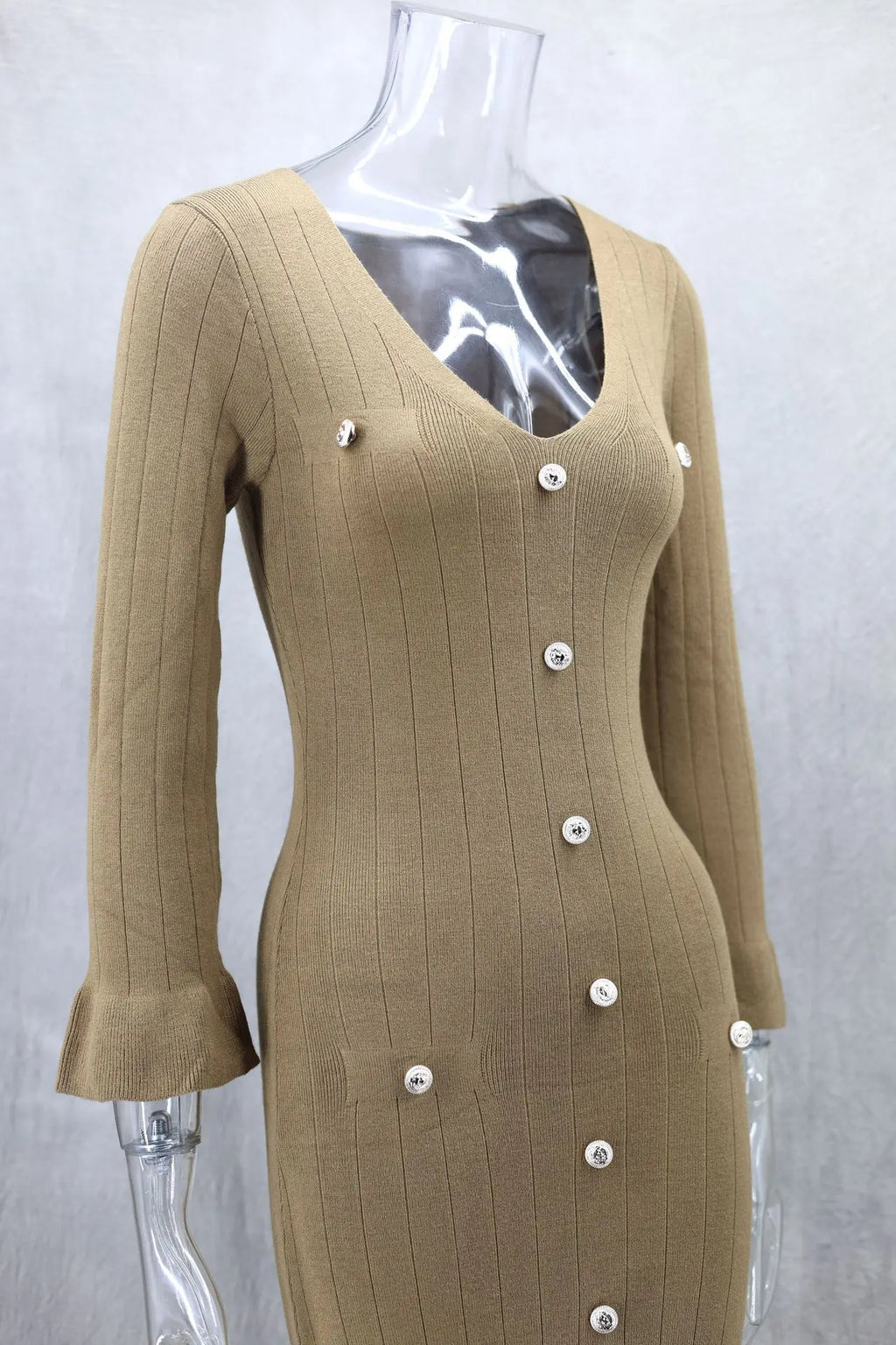 Tennessee Elegant Knitted Fashion V Neck Long Sleeves Slim Buttons Solid Color Long Dress