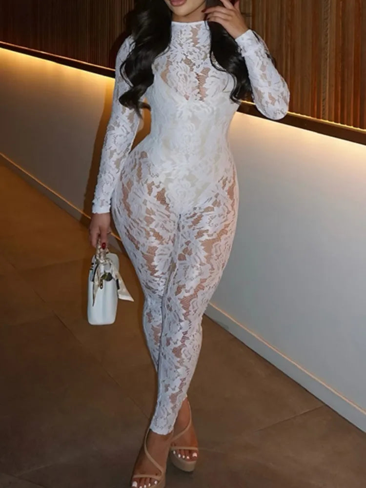New Lots Sexy Lace Transparent Tight Long Sleeved Zipper Jumpsuit