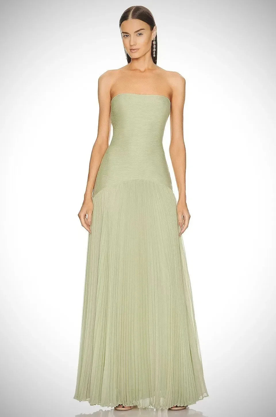 Bolair Strapl Pleated Dr Ribbed Fabric Long Elastic Waist Gored Dress