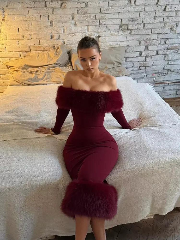 La Zurza Strapless Faux Fur Patchwork Sexy Off Shoulder Full Sleeve Cinched-waist Bodycon Dress